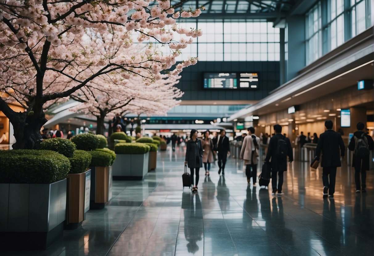 Kyoto Japan airport: modern terminal, bustling with travelers, traditional Japanese architecture, cherry blossom trees in bloom