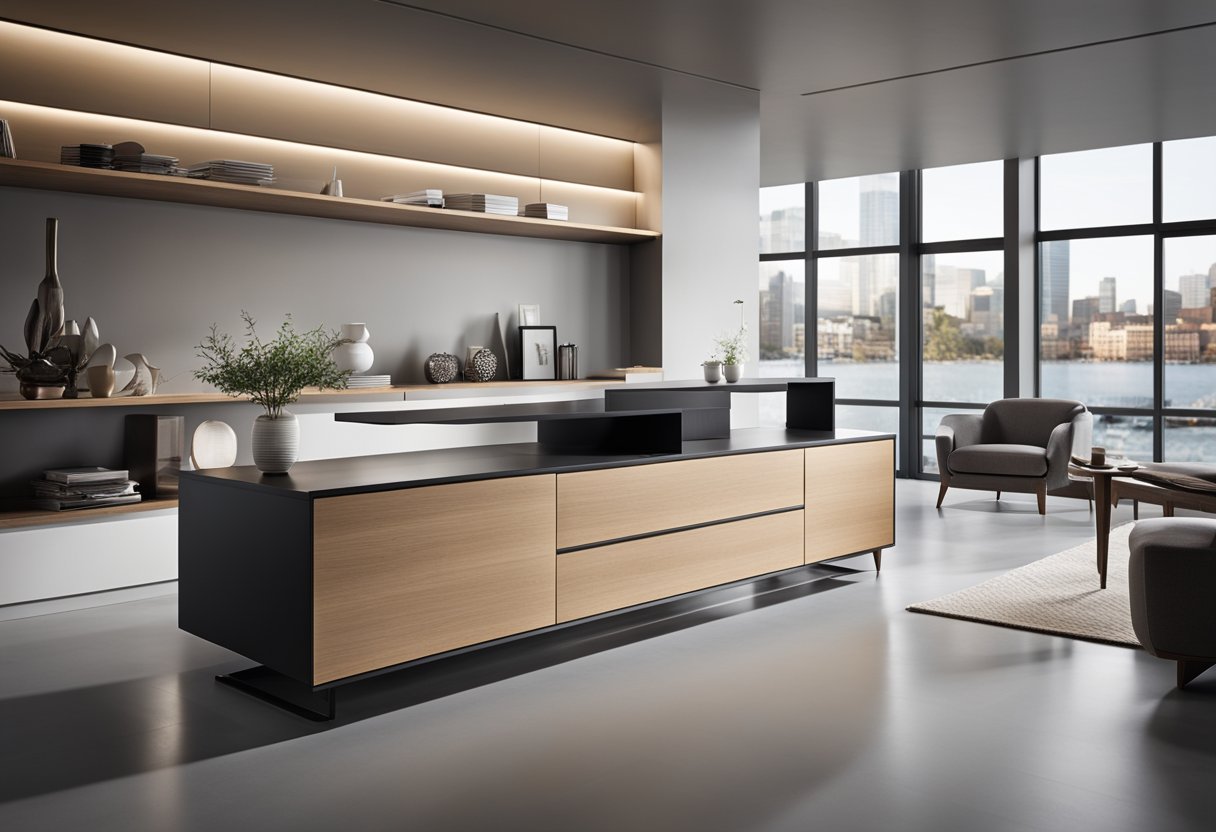 A sleek, modern sideboard with clean lines and ample storage, featuring a built-in FAQ section for easy access to information
