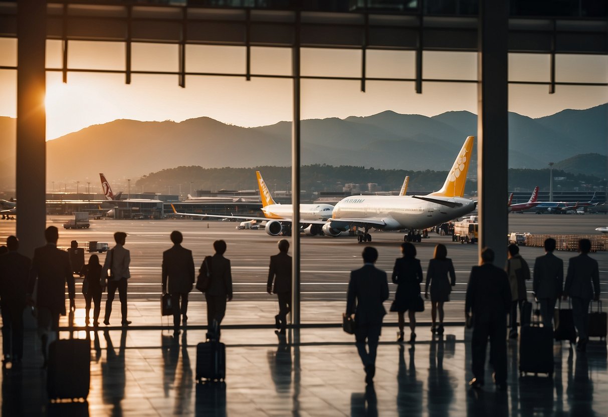Itami Airport: A bustling terminal with planes on the runway and passengers boarding. Kyoto's cityscape in the background
