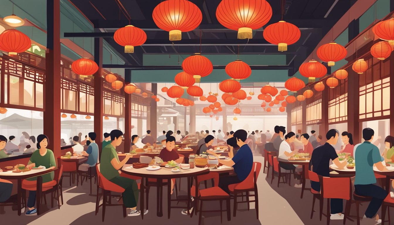 Busy cantonese restaurant in Singapore, with red lanterns, round tables, and steaming dim sum carts. Aromas of roast duck and sizzling stir-fries fill the air