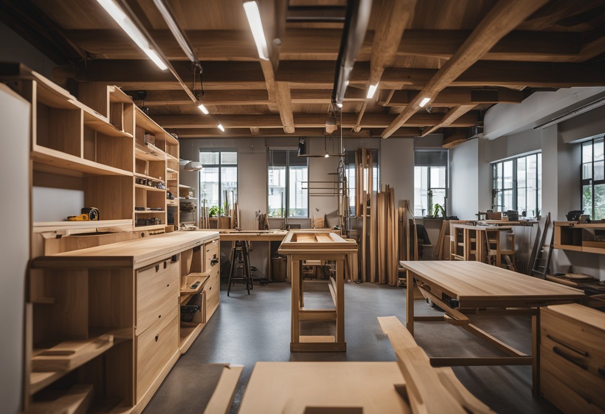 A loft bed being constructed in a Singaporean carpentry workshop, with tools and materials neatly organized around the work area