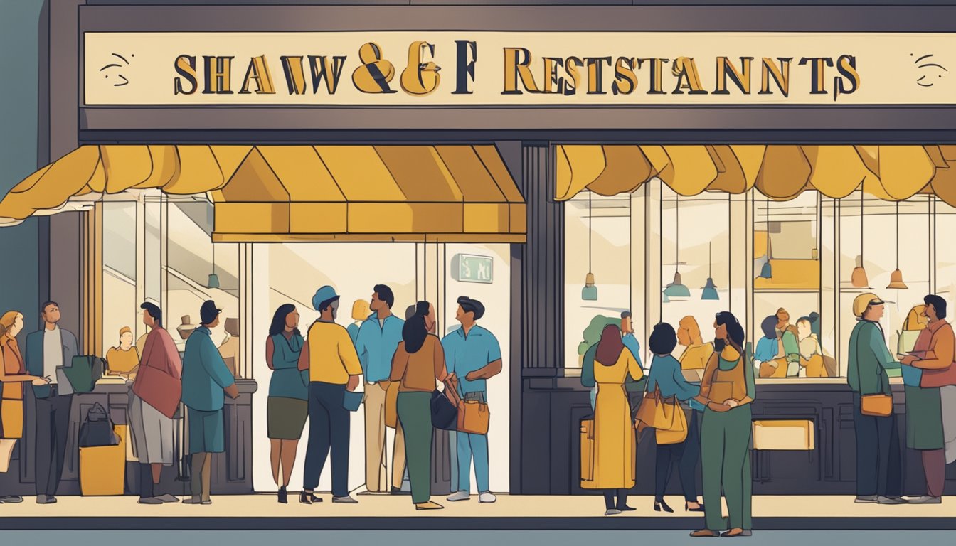 Customers lining up at a busy restaurant entrance, sign reading "Frequently Asked Questions Shaw Restaurants" in the background