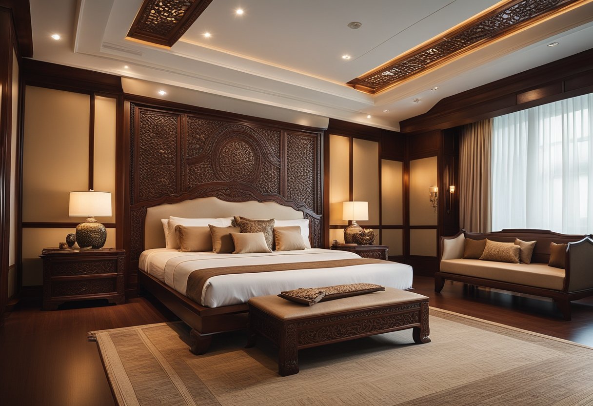 An elegant room with traditional Asian furniture in Singapore. Rich wood tones, intricate carvings, and delicate details adorn the set