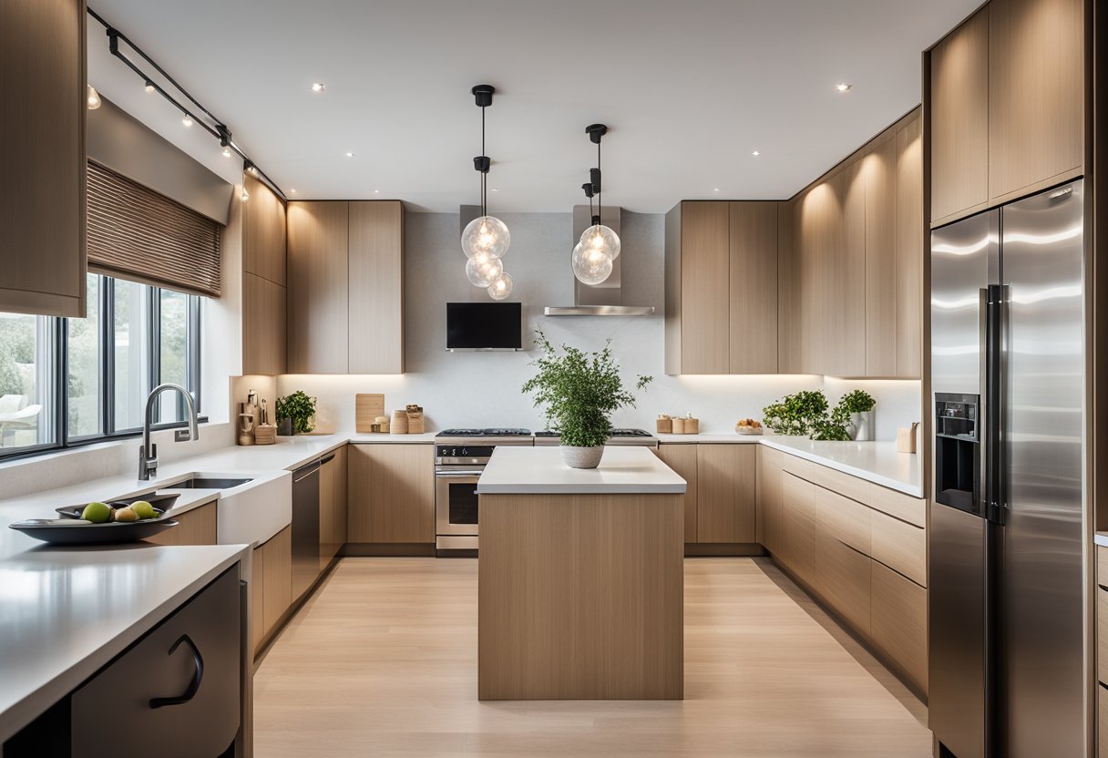A sleek, minimalist kitchen with clean lines, light wood cabinetry, and seamless countertops. A large island with a built-in cooktop and pendant lighting above