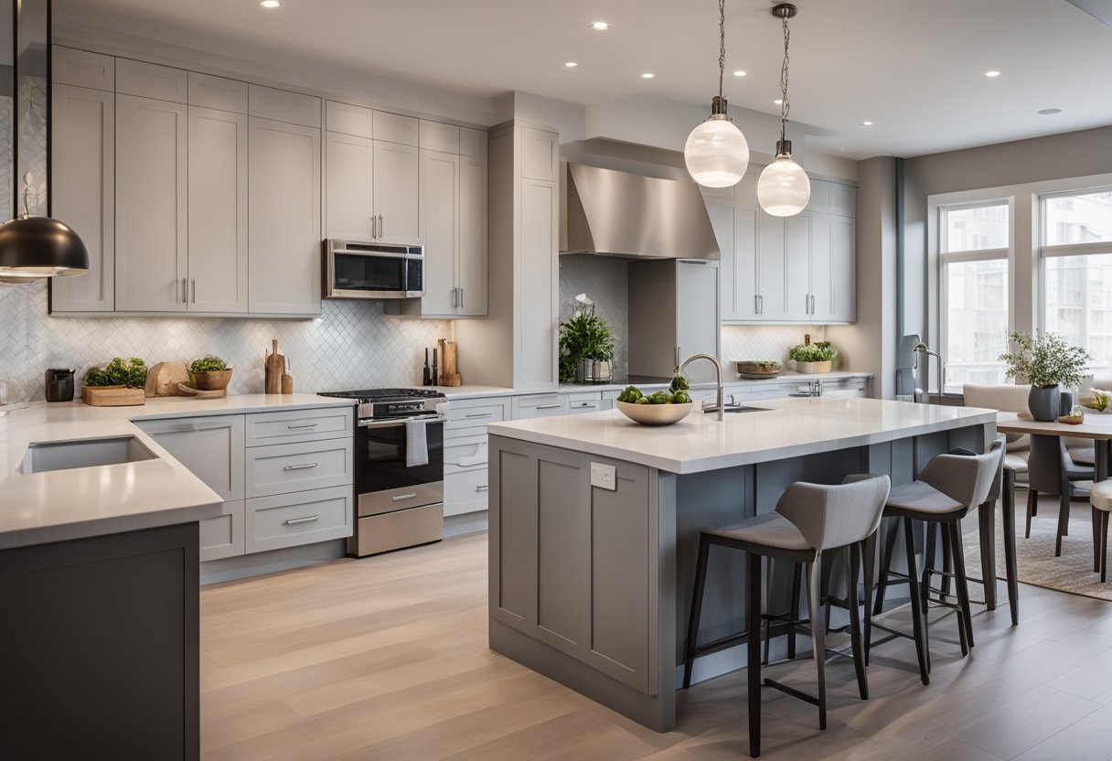 A spacious kitchen with ample storage, sleek countertops, and modern appliances. Natural light floods the room, highlighting the functional layout and stylish design choices