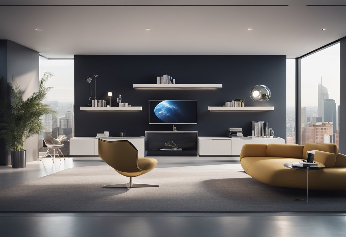A compact, futuristic furniture set floats in a sleek, minimalist space, showcasing innovative space-saving solutions