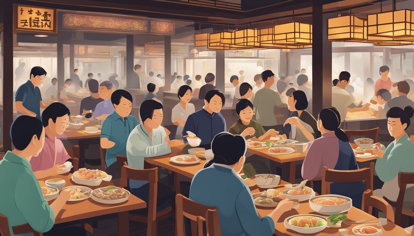 Customers savoring dim sum, roast meats, and seafood dishes at a bustling Cantonese restaurant in Singapore. Rich aromas fill the air as chefs expertly prepare traditional delicacies