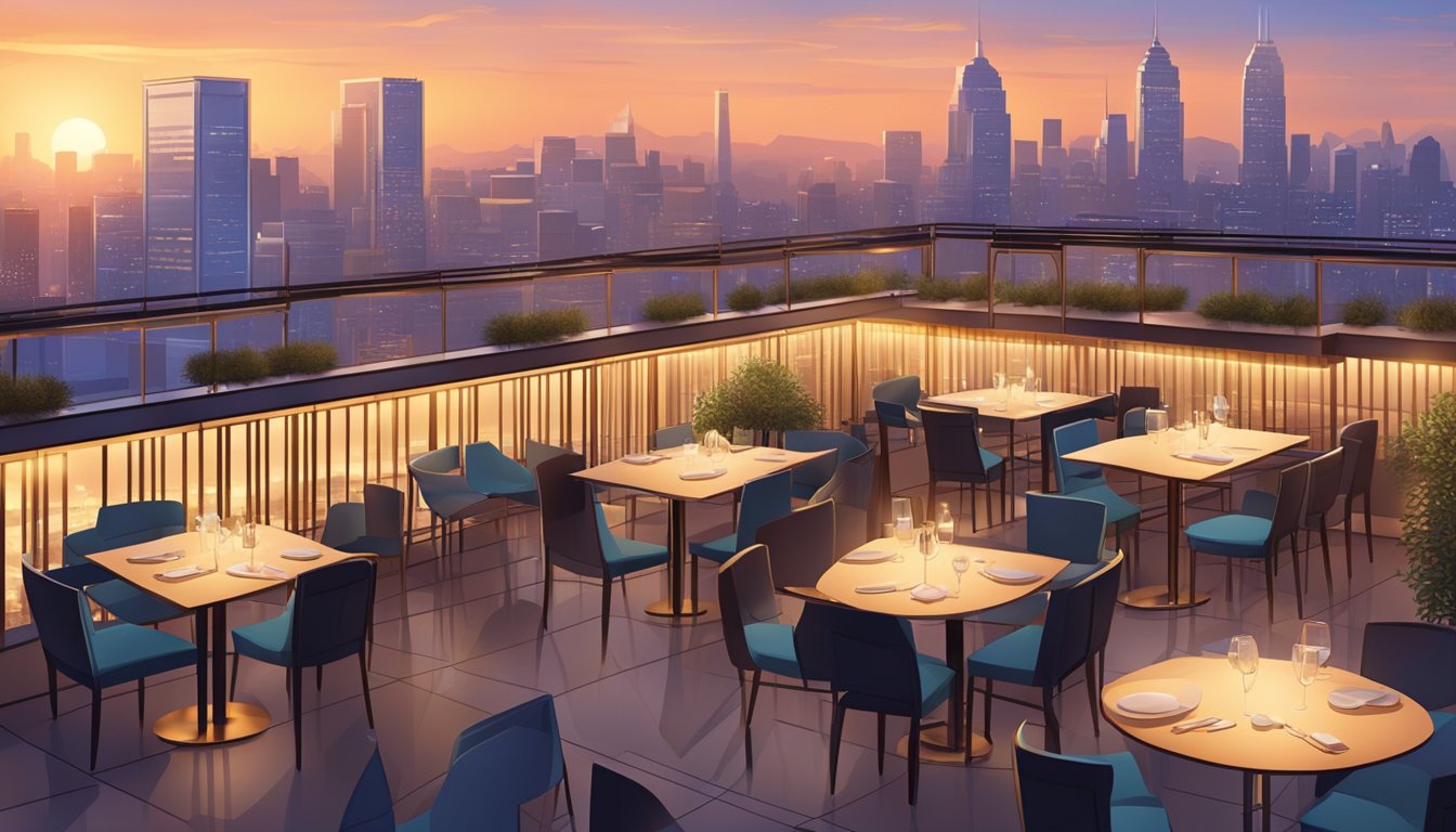 The bustling rooftop restaurant overlooks a city skyline at sunset, with elegant tables and chairs arranged under ambient lighting