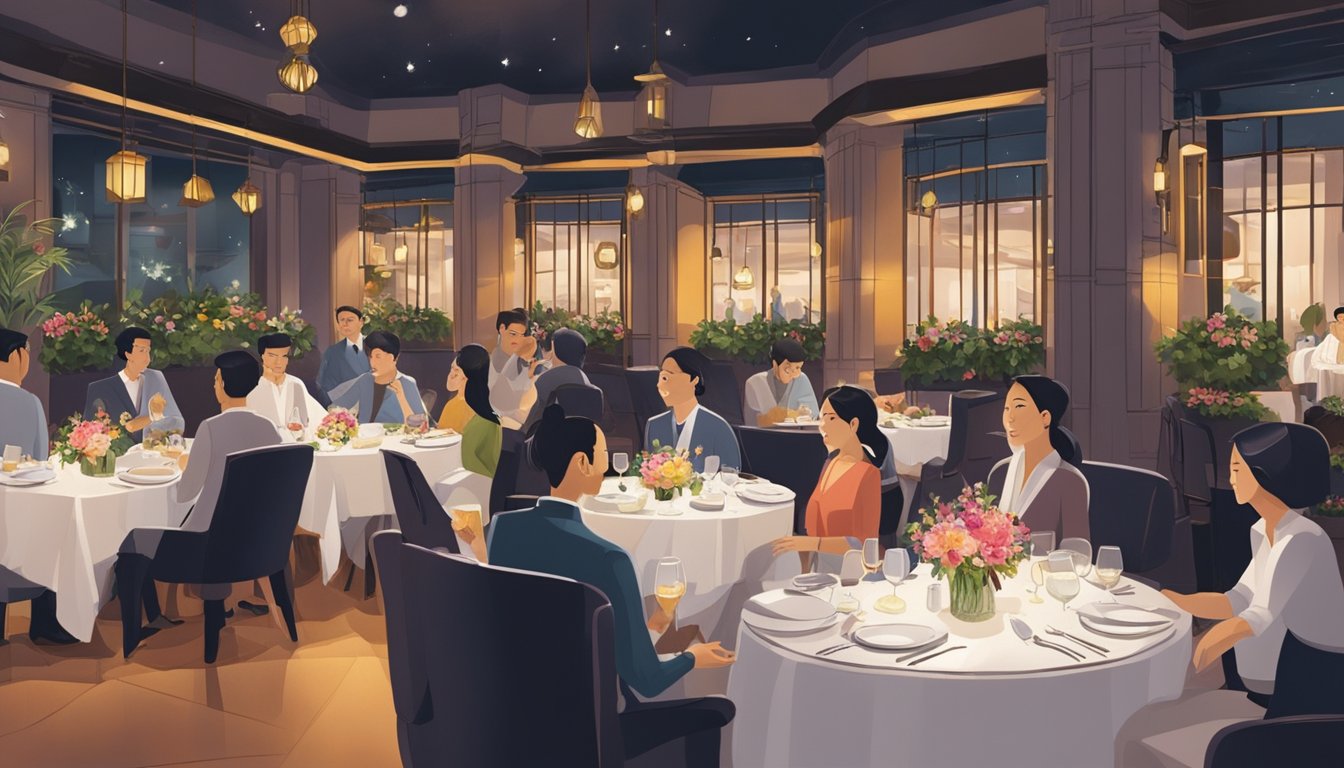A bustling restaurant in Singapore, with elegant decor and dim lighting. Tables are adorned with white tablecloths and vibrant floral centerpieces. The atmosphere is lively, with the sound of clinking glasses and murmured conversations filling the air
