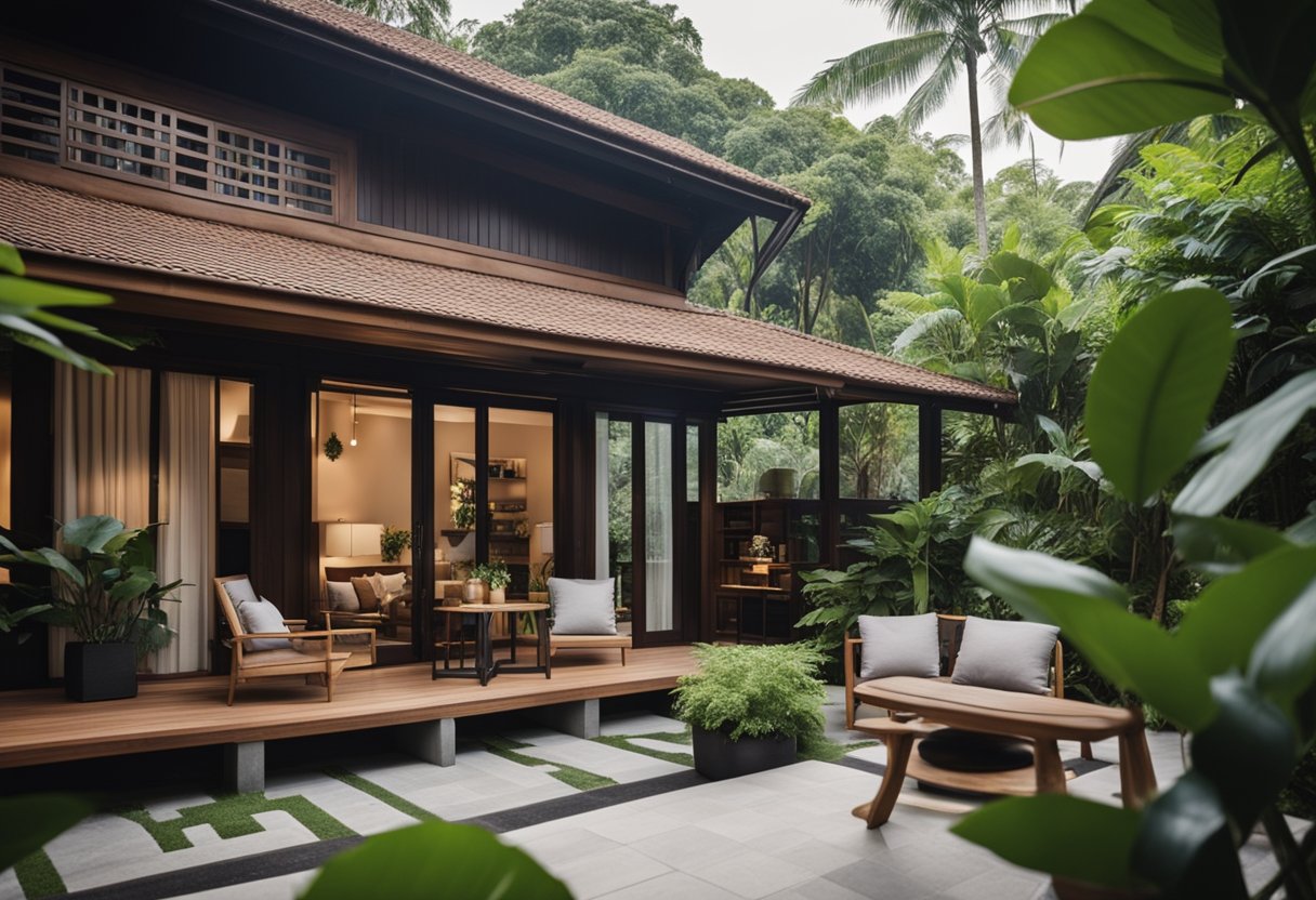 A cozy cottage in Singapore with rustic wooden furniture, a comfortable sofa, and a warm fireplace