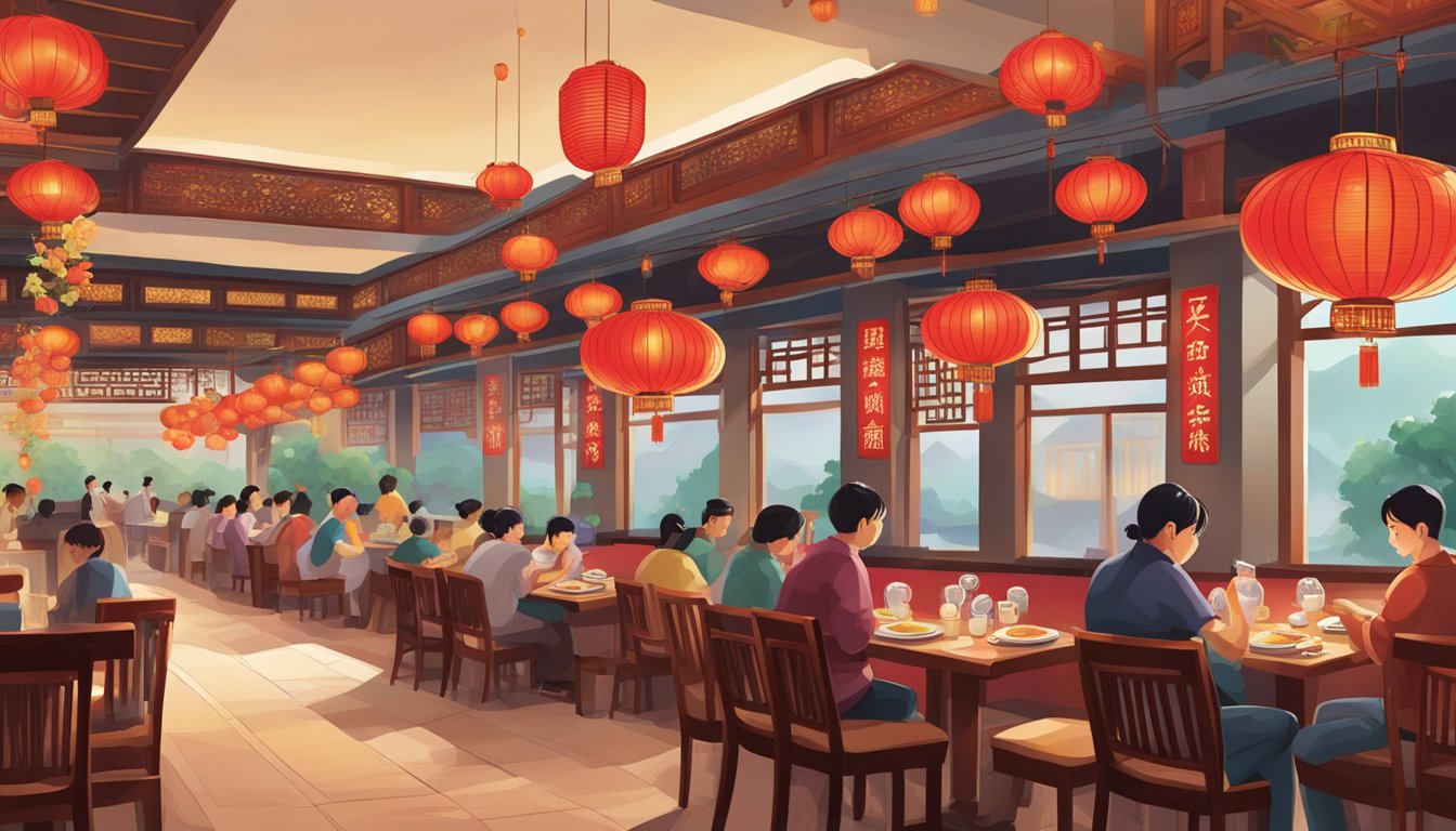 The bustling Lingzhi restaurant, with its red lanterns and intricate décor, exudes a lively and vibrant atmosphere as patrons enjoy their delicious meals