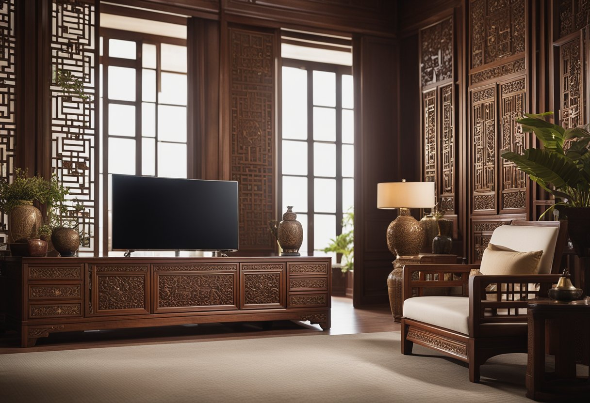 A room filled with elegant Asian style furniture, featuring intricate carvings, rich wood tones, and delicate silk accents