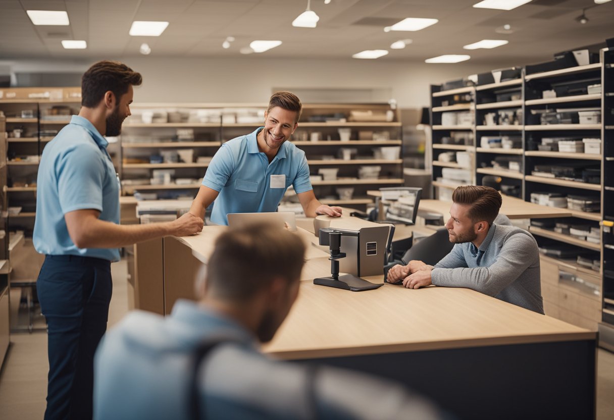 Customers browse spaceman furniture, assisted by staff. After purchase, delivery team assembles and ensures satisfaction