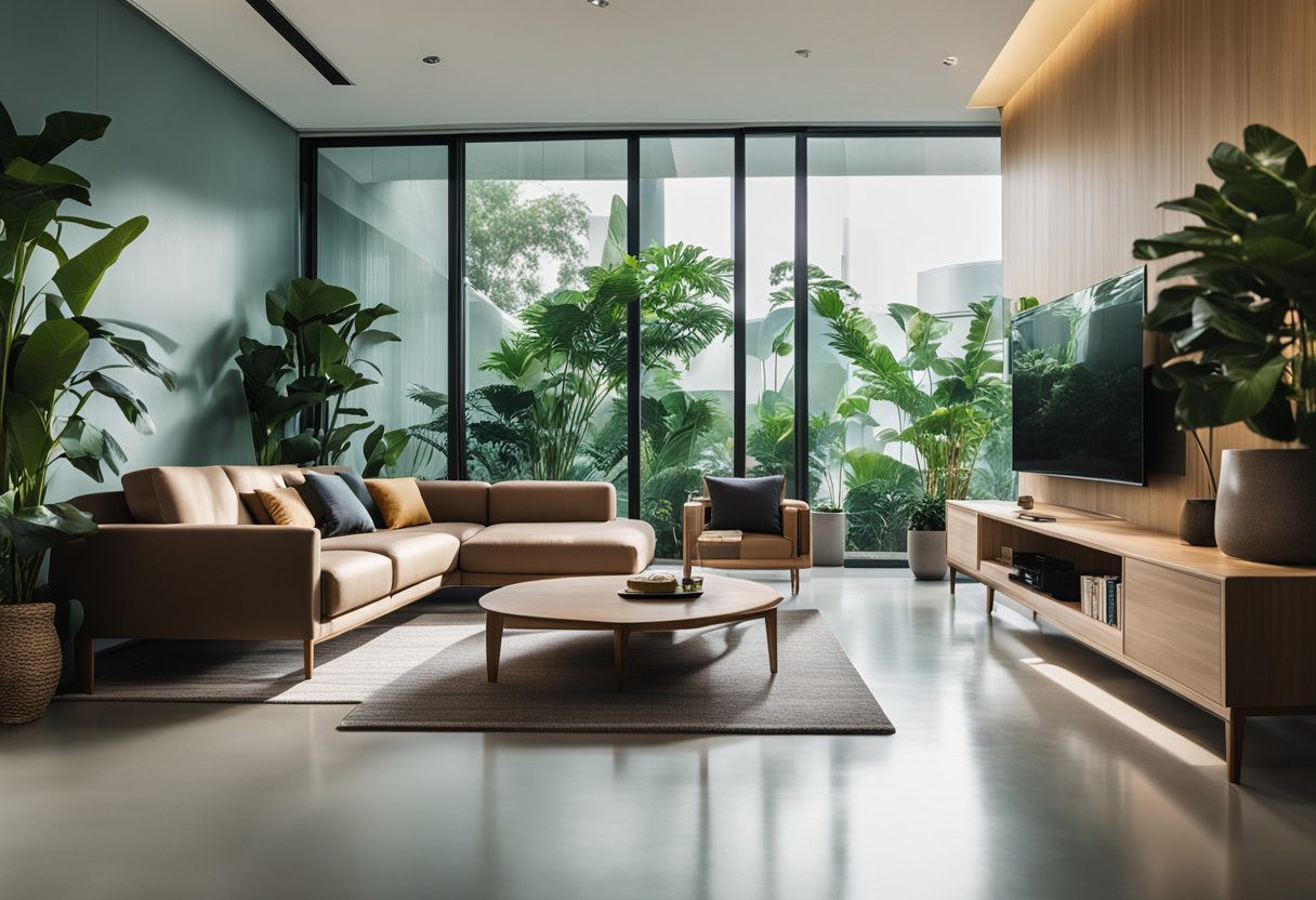 A modern living room with eco-friendly furniture made from sustainable materials in Singapore
