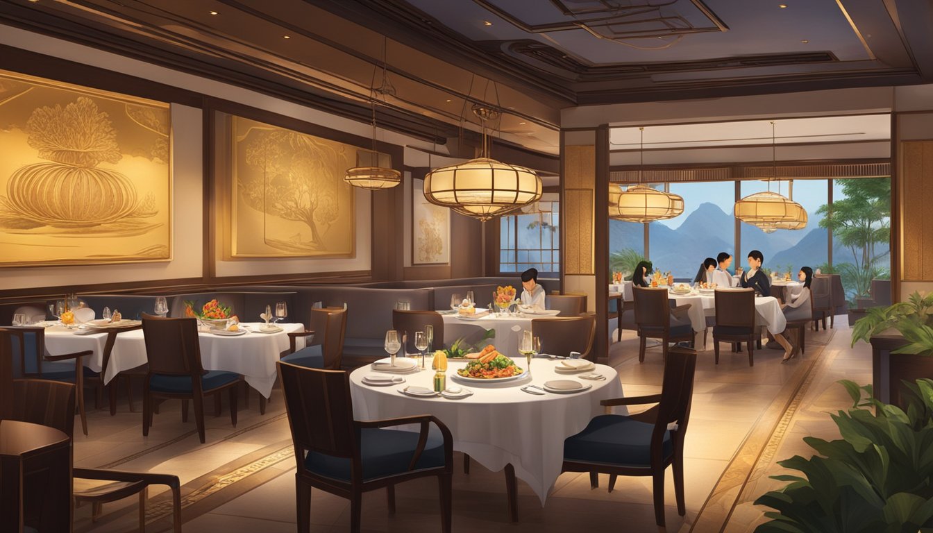 Guests savoring traditional Cantonese dishes in an upscale restaurant adorned with elegant décor and ambient lighting. The aroma of sizzling woks fills the air as attentive staff attend to each table