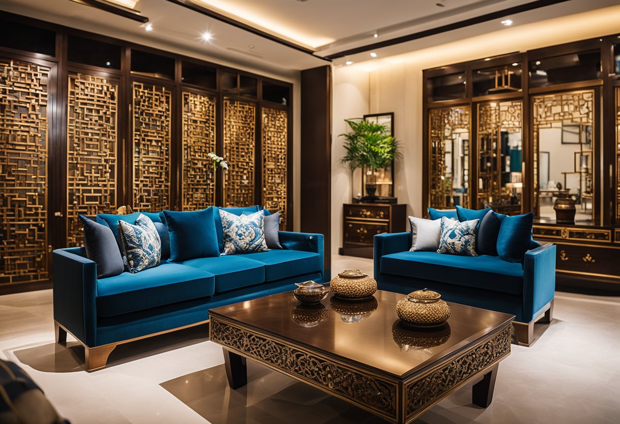 An elegant showroom displays Asian style furniture in Singapore. Rich wooden pieces and intricate designs create a serene and sophisticated atmosphere