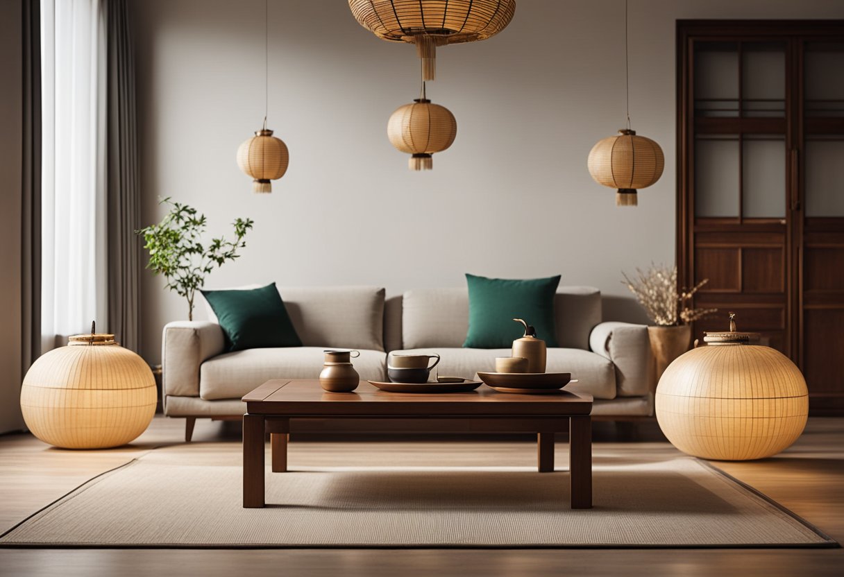 An elegant, minimalist living room with traditional Asian furniture and decor, including low wooden tables, floor cushions, and paper lanterns