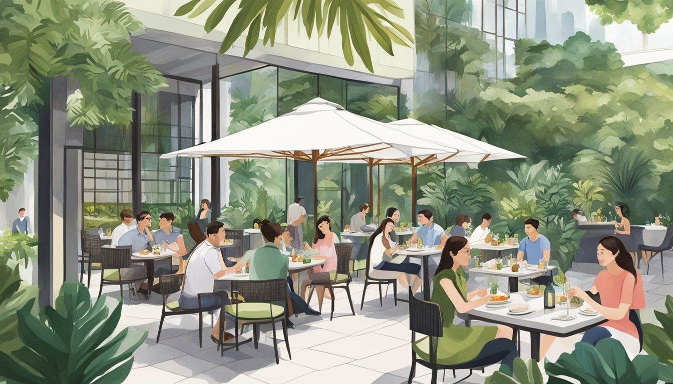 Guests enjoy outdoor dining at Claudine Restaurant in Singapore, surrounded by lush greenery and modern architecture