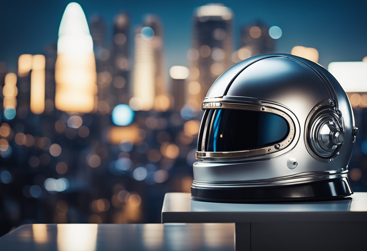 A spaceman helmet rests on a sleek, modern furniture set against a backdrop of futuristic cityscape