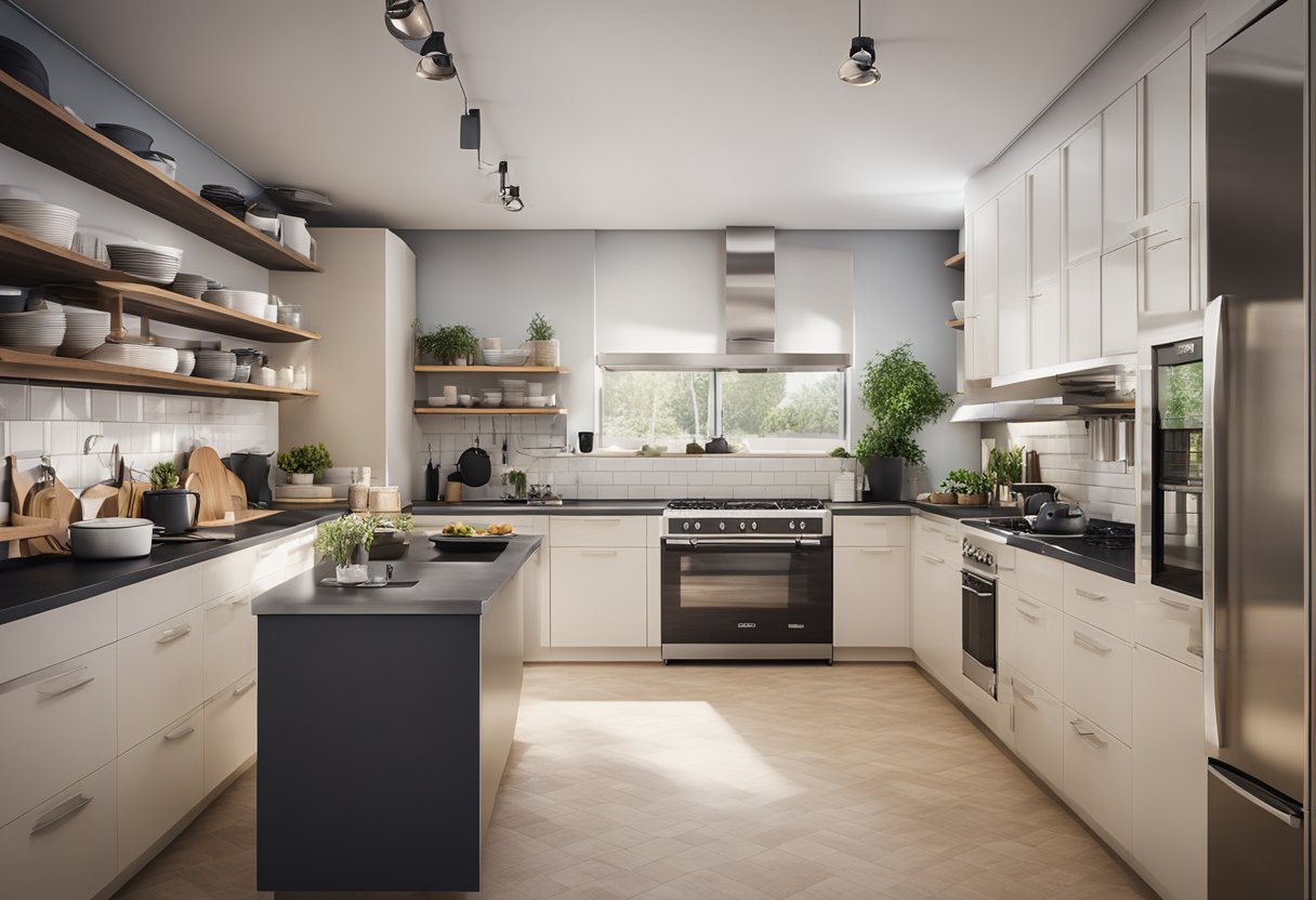 A person stands in a spacious kitchen, considering materials and appliances. Shelves of cookware and countertops display various options. A floor plan and design sketches are spread out on the table