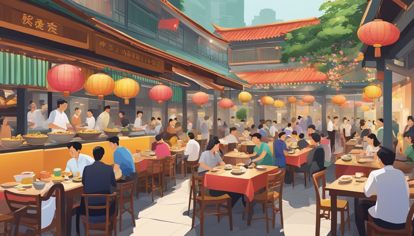 A bustling Cantonese restaurant in Singapore, with colorful decor, steaming dim sum carts, and diners enjoying traditional dishes