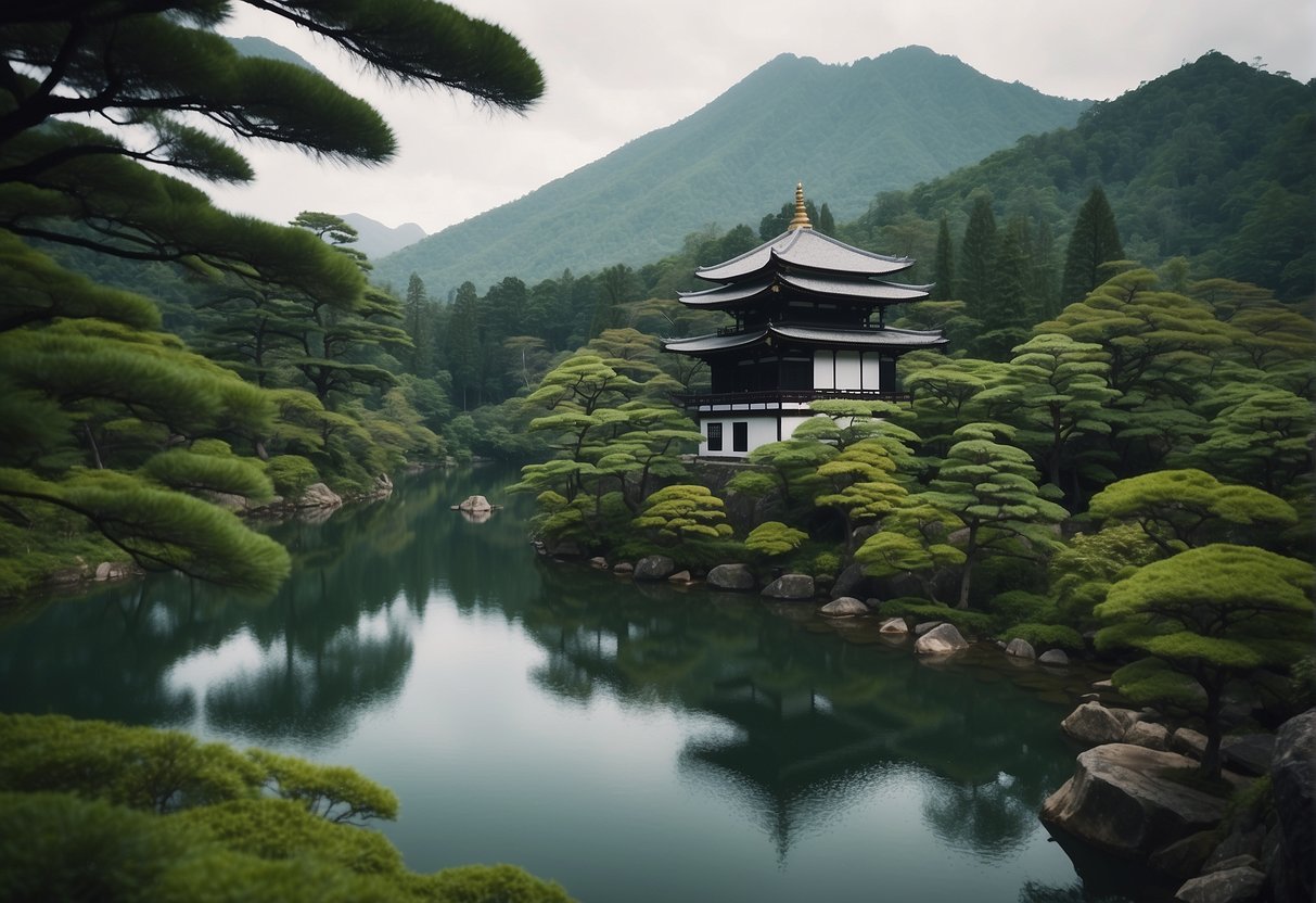 Lush green mountains surround a serene lake. A traditional Japanese temple sits nestled among the trees. A winding path leads to a hidden waterfall