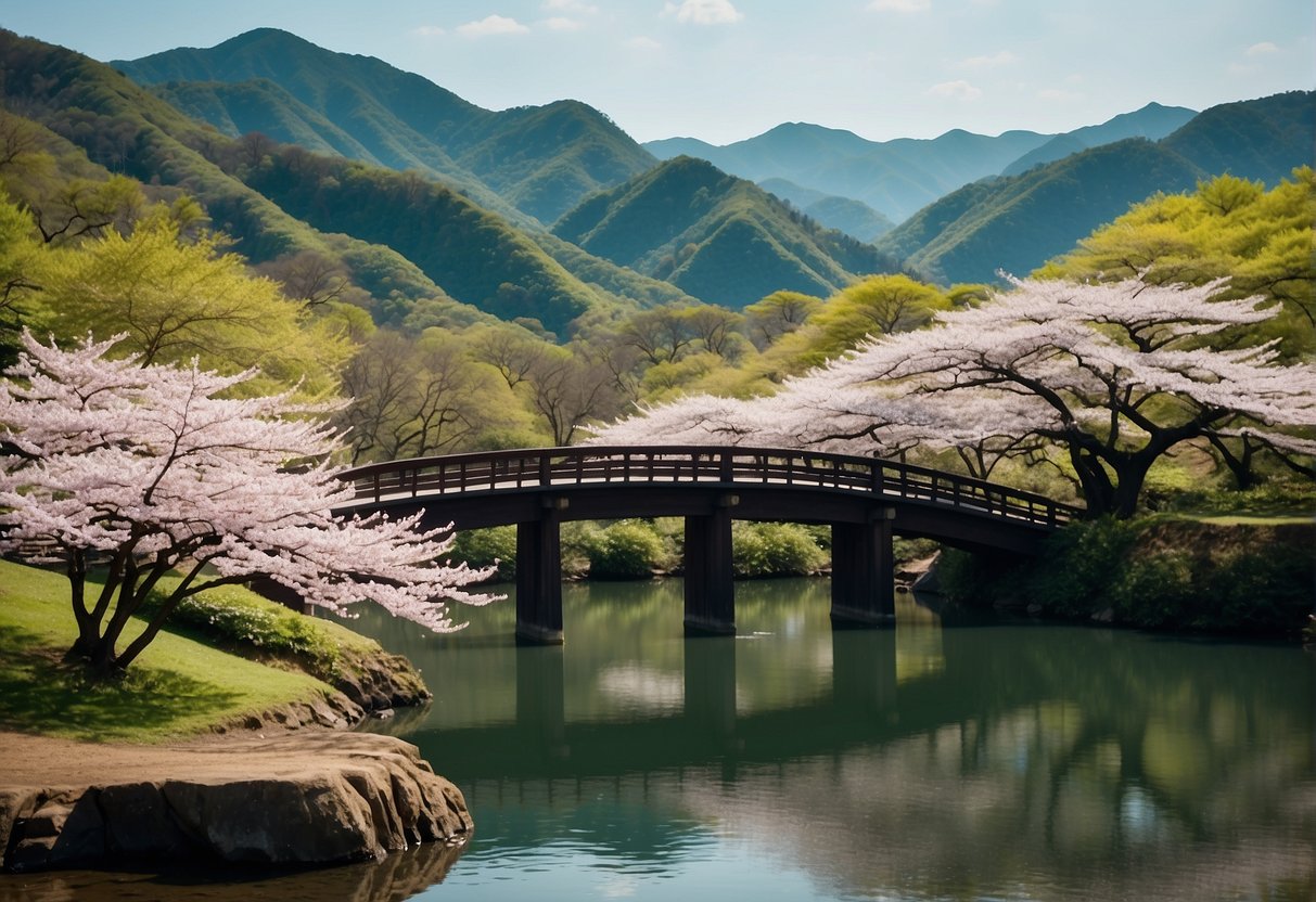 Lush green mountains surround a serene river, with a traditional Japanese bridge spanning the water. Cherry blossom trees line the banks, creating a peaceful and picturesque scene for a day trip from Kyoto