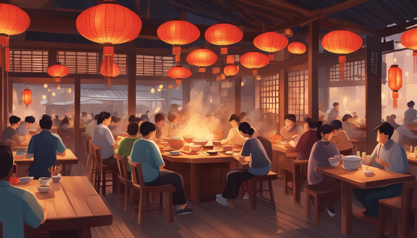 A bustling restaurant with red lanterns, wooden tables, and steaming bowls of noodles. Patrons chat and slurp, while chefs cook over open flames
