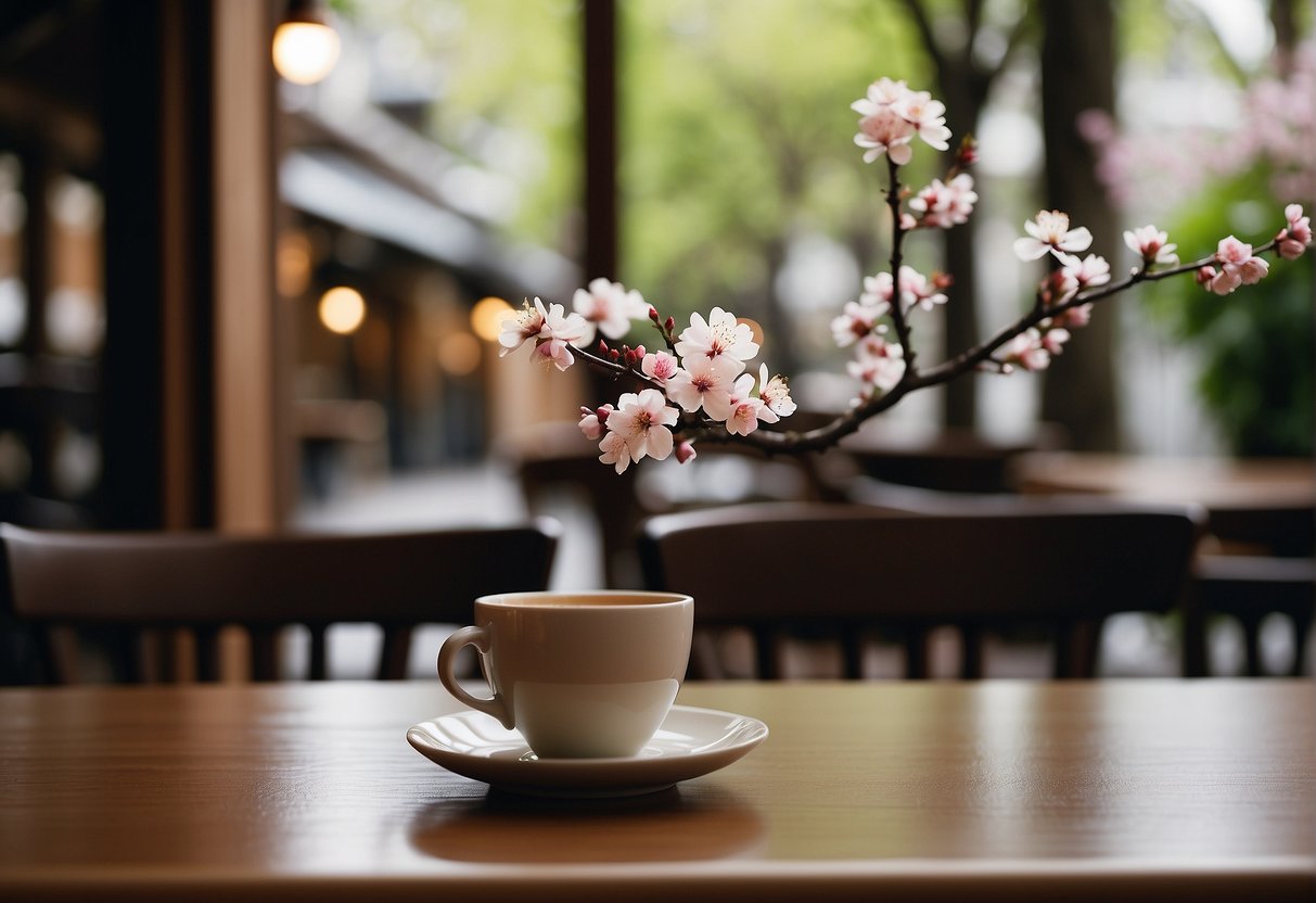 A cozy cafe in Kyoto, with traditional wooden decor and a serene atmosphere. A steaming cup of coffee sits on a small table, surrounded by delicate cherry blossom motifs