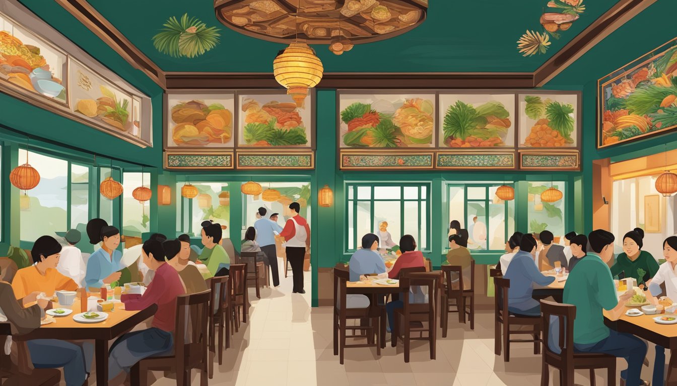 A bustling Vietnamese restaurant, Cuc Gach Quan, with traditional decor and diners enjoying authentic cuisine