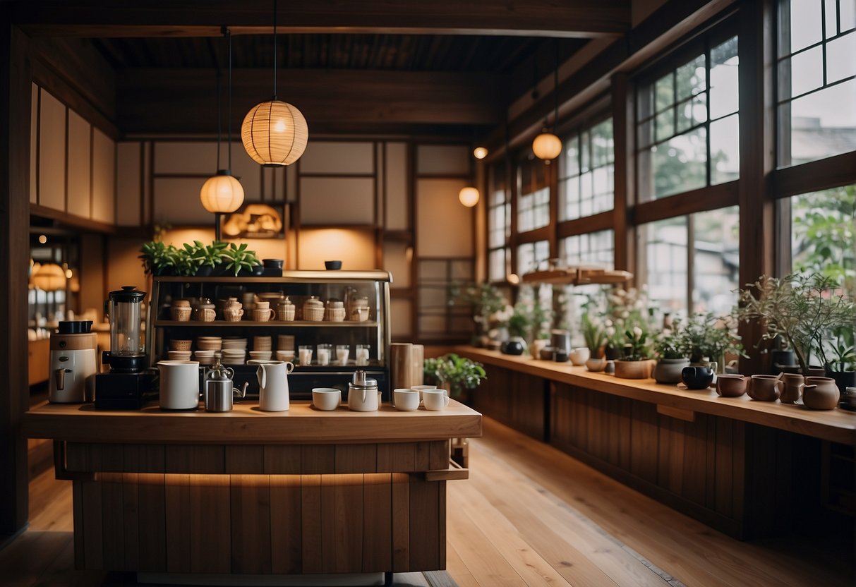 A traditional Kyoto coffee shop with wooden interior, ceramic coffee pots, and a serene atmosphere