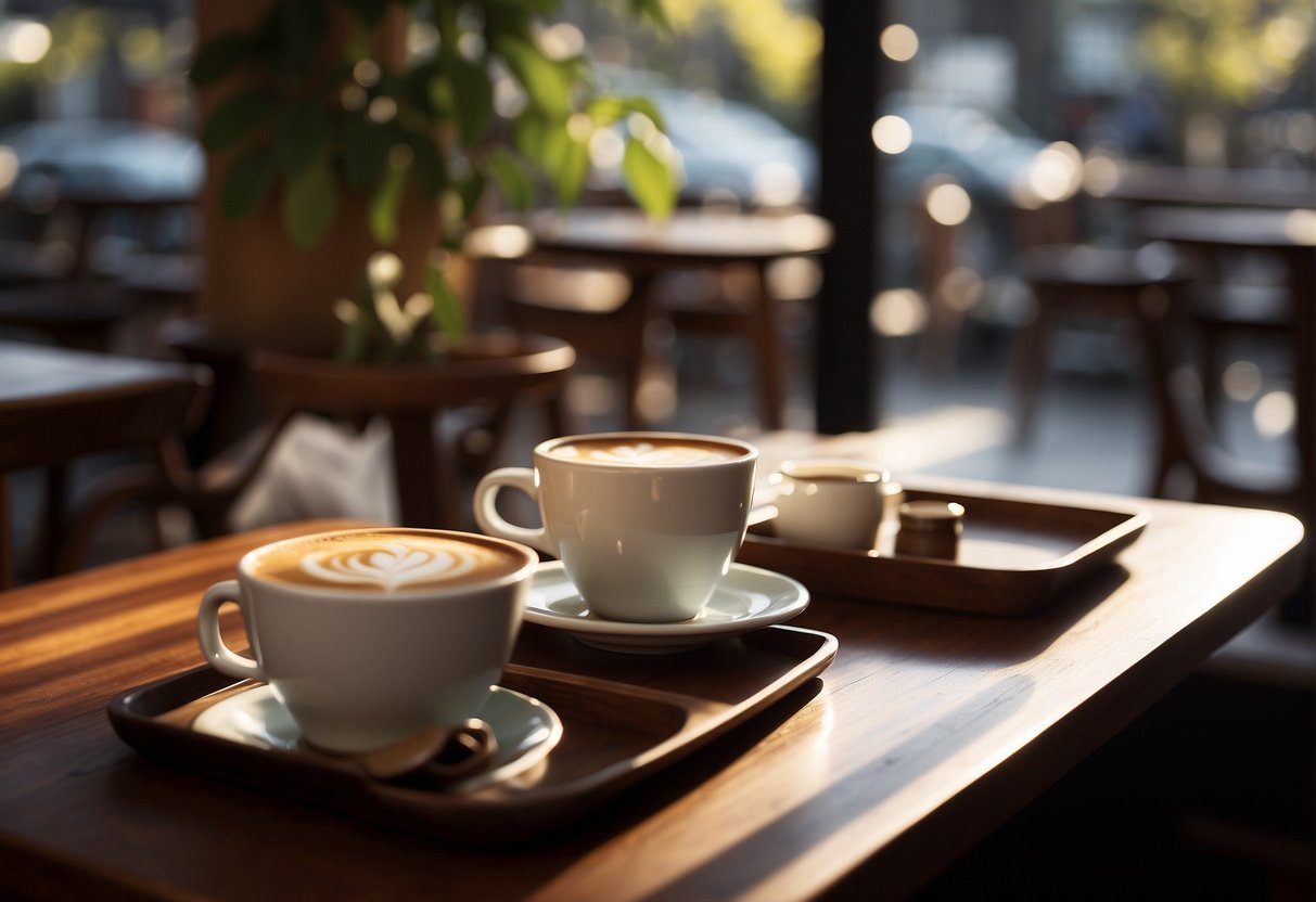 A cozy cafe in Kyoto with traditional decor, low tables, and floor cushions. Sunlight streams in through paper screens, casting soft shadows. A steaming cup of coffee sits on a wooden tray