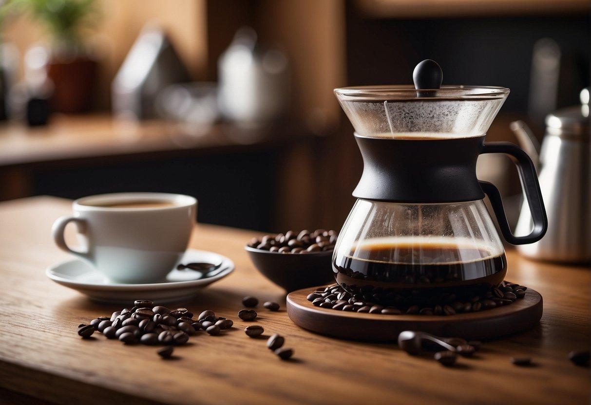 A glass Kyoto coffee dripper sits on a wooden table, surrounded by various brewing tools and freshly ground coffee beans