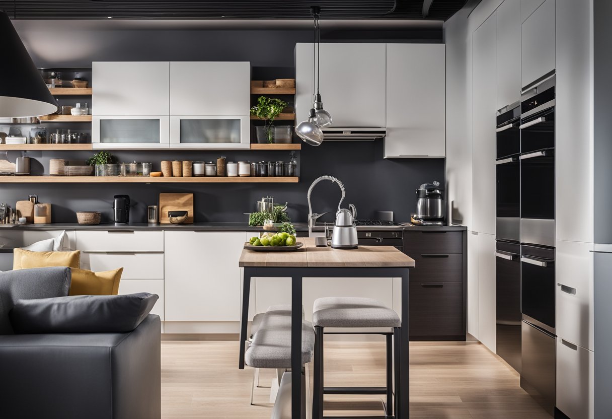 A kitchen with various appliances, storage solutions, and seating areas. Bright lighting and clean, modern design