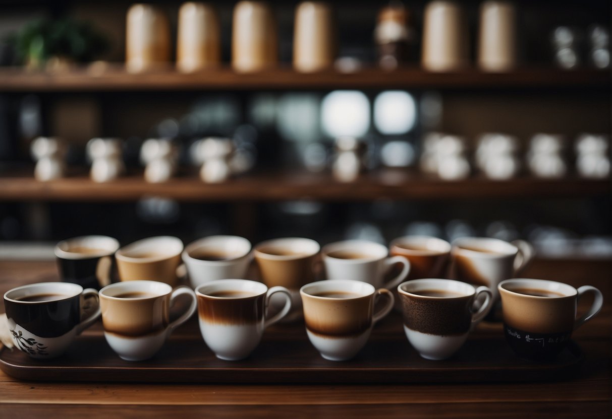 A table with various coffee cups in Kyoto, Japan. Each cup holds a different coffee flavor, with steam rising from the freshly brewed drinks
