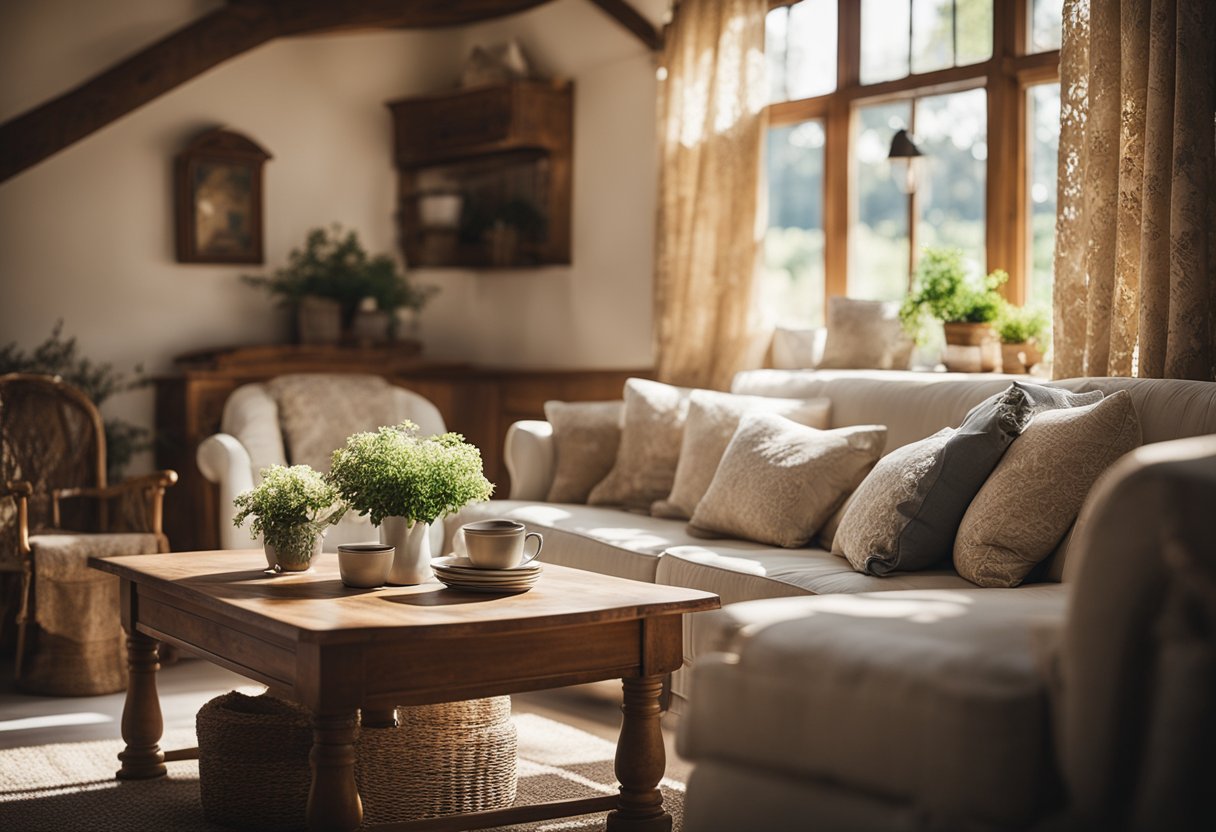 A cozy cottage living room with rustic wooden furniture, floral upholstery, and vintage decor. Sunlight streams through lace curtains, casting a warm glow on the charming setting