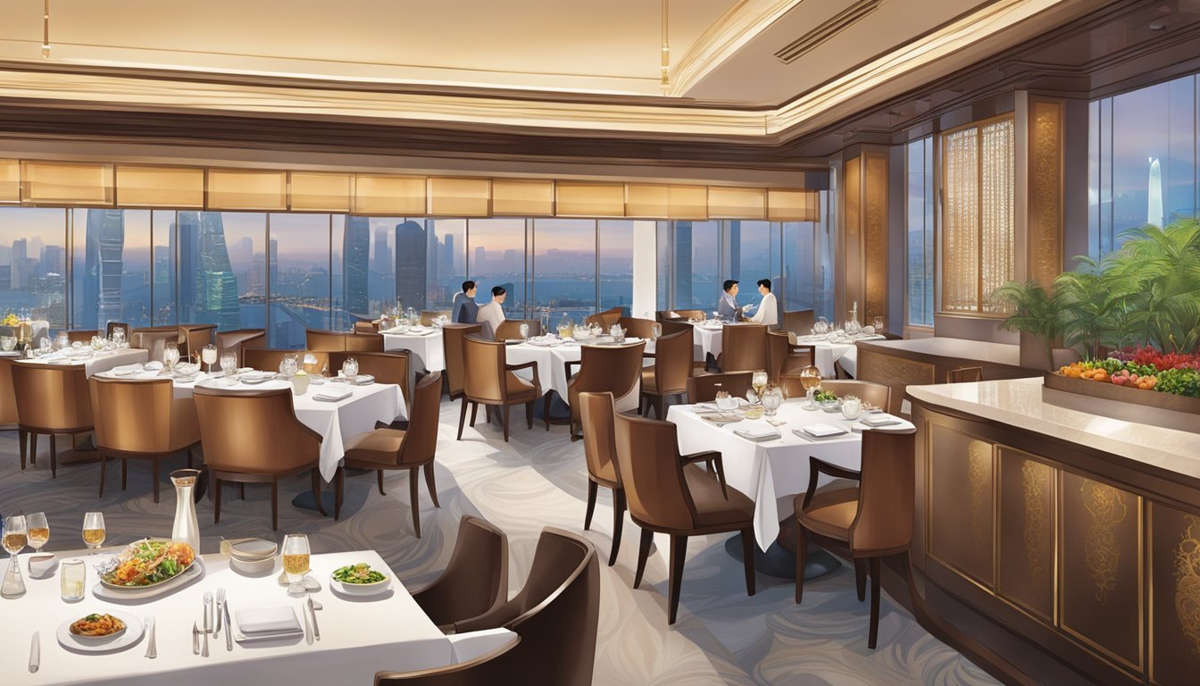 The Chinese restaurant at Marina Bay Sands bustles with diners enjoying traditional cuisine amid elegant decor and stunning views of the city skyline