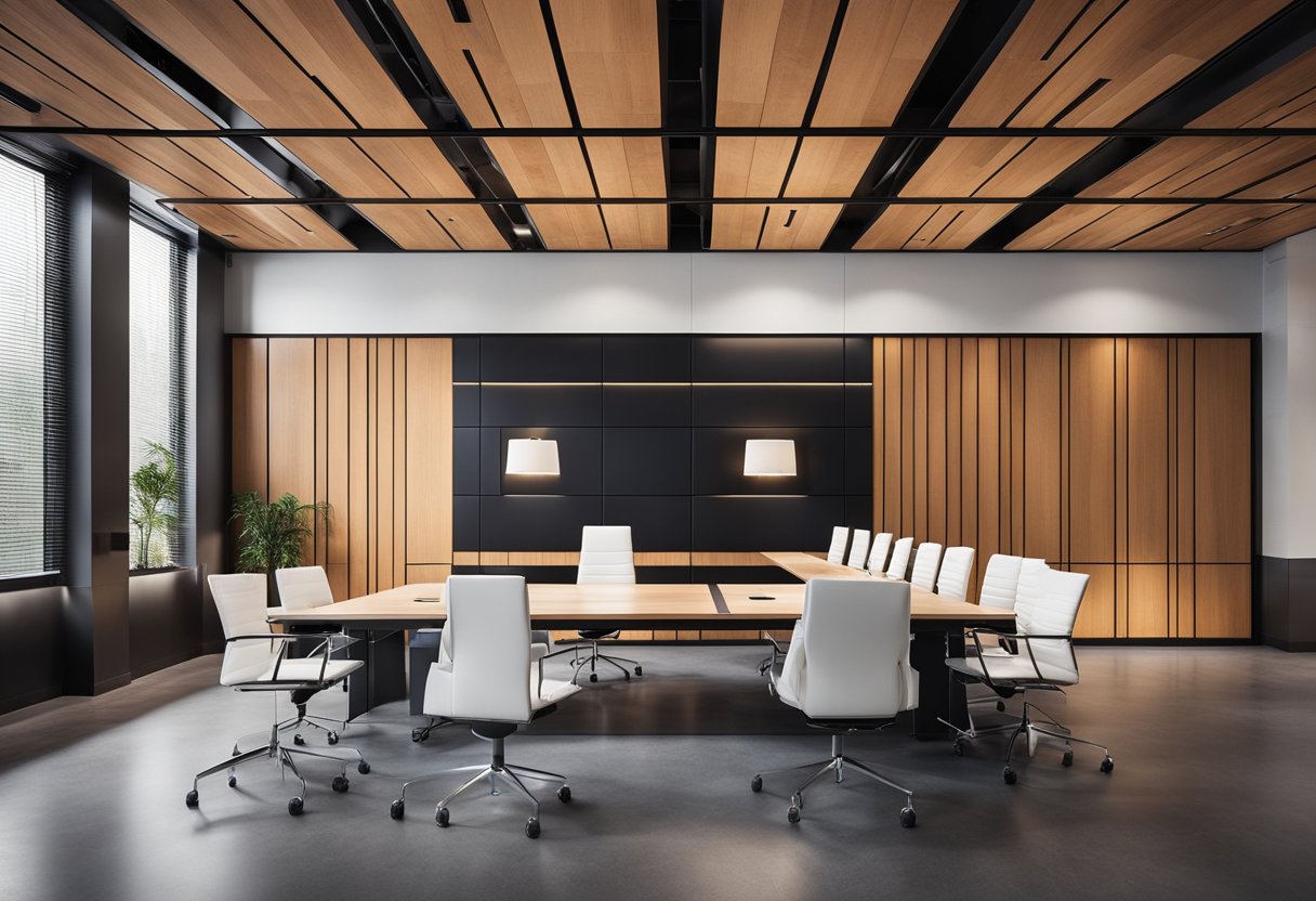 The office paneling features a modern geometric design with alternating wood and glass panels, creating a sleek and professional atmosphere