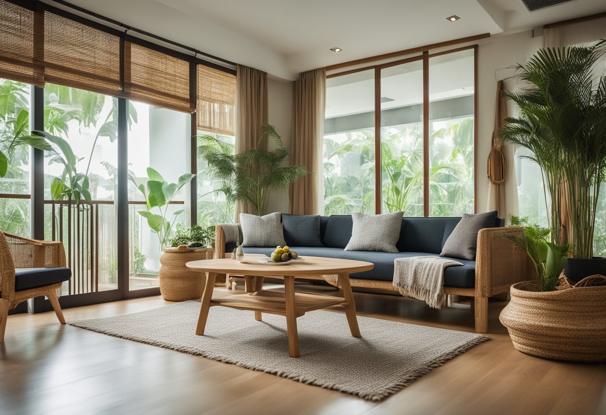 A cozy living room with modern, eco-friendly furniture in a Singaporean home. Bamboo shelves, recycled wood tables, and natural fiber rugs