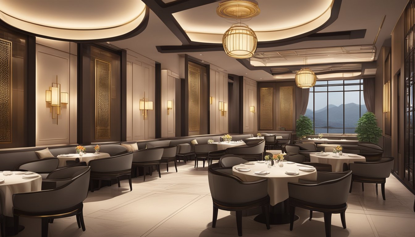 A modern, elegant restaurant with warm lighting, sleek furniture, and intricate Chinese-inspired decor. The space exudes a sophisticated and inviting atmosphere, perfect for a fine dining experience