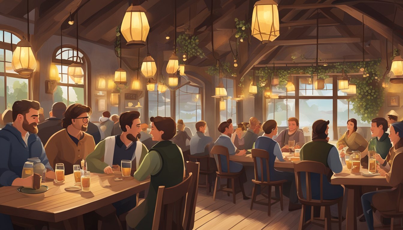 A bustling tavern restaurant with wooden tables, hanging lanterns, and a stone fireplace. Patrons enjoy hearty meals and clinking glasses