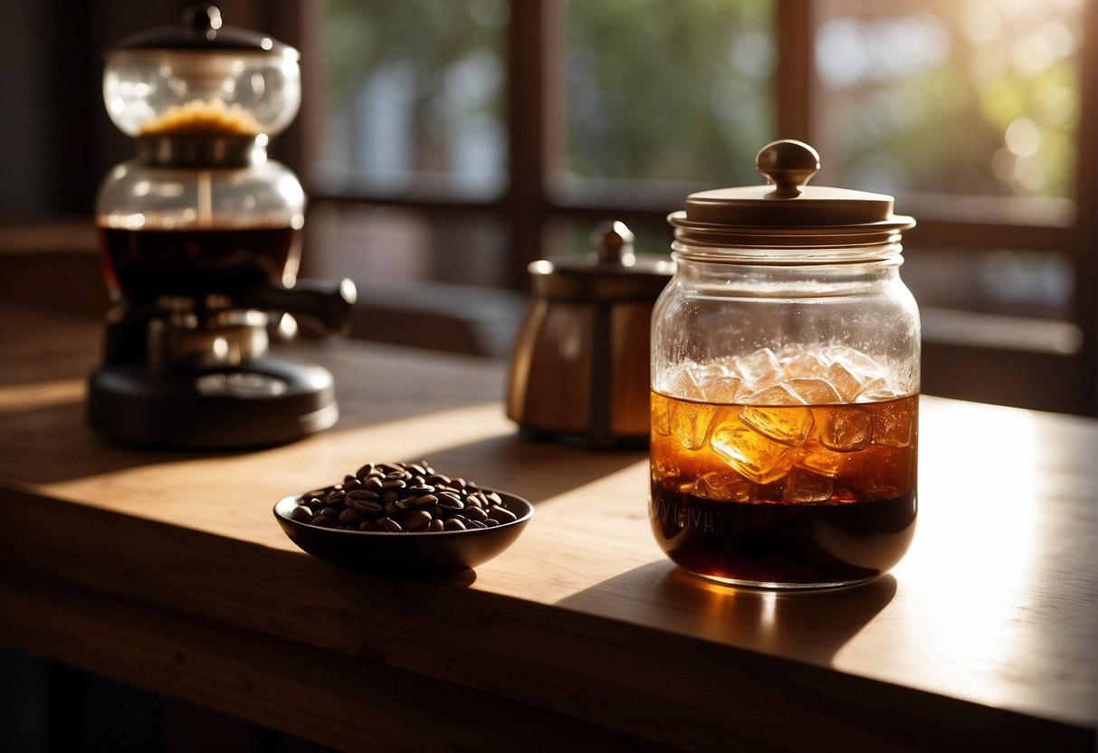 A glass jar filled with Kyoto cold brew sits on a wooden table, surrounded by coffee beans and a vintage coffee grinder. Sunlight streams through a nearby window, casting a warm glow on the scene