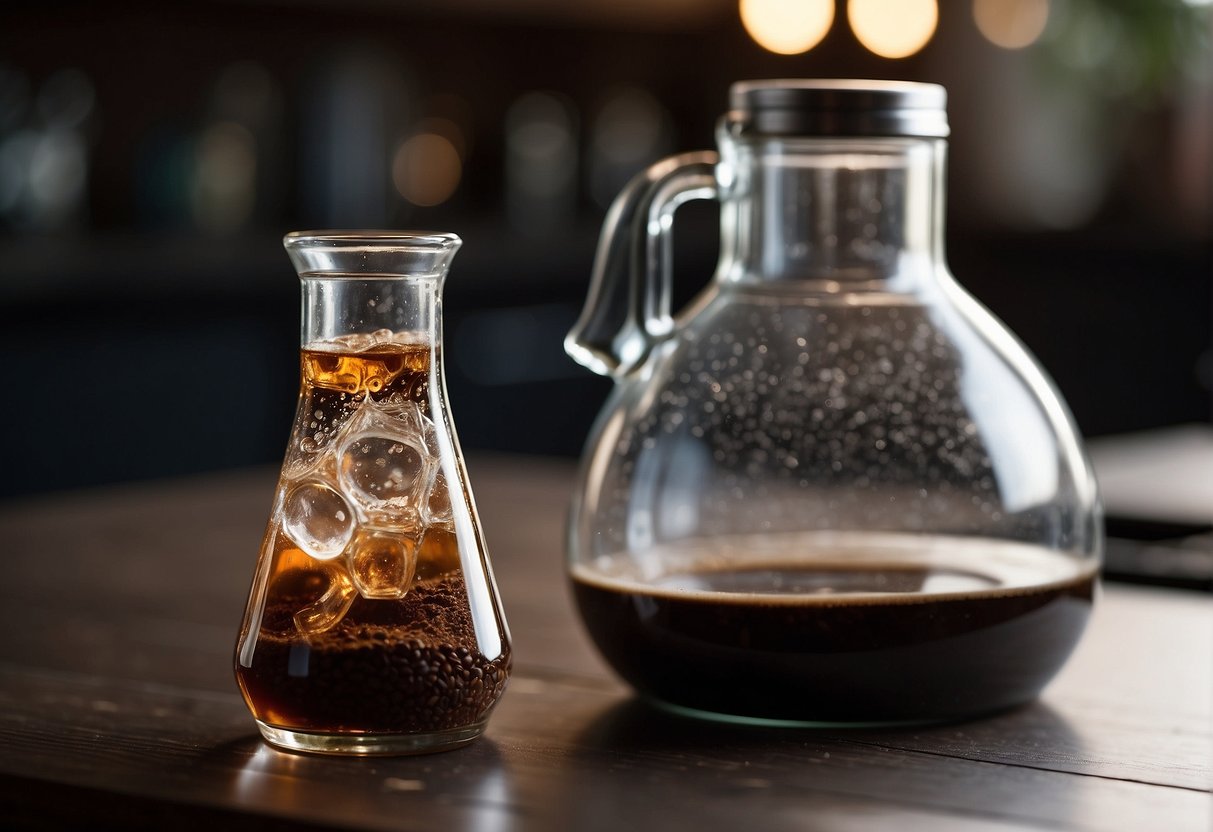 A glass flask drips cold water over coffee grounds in a slow, controlled process