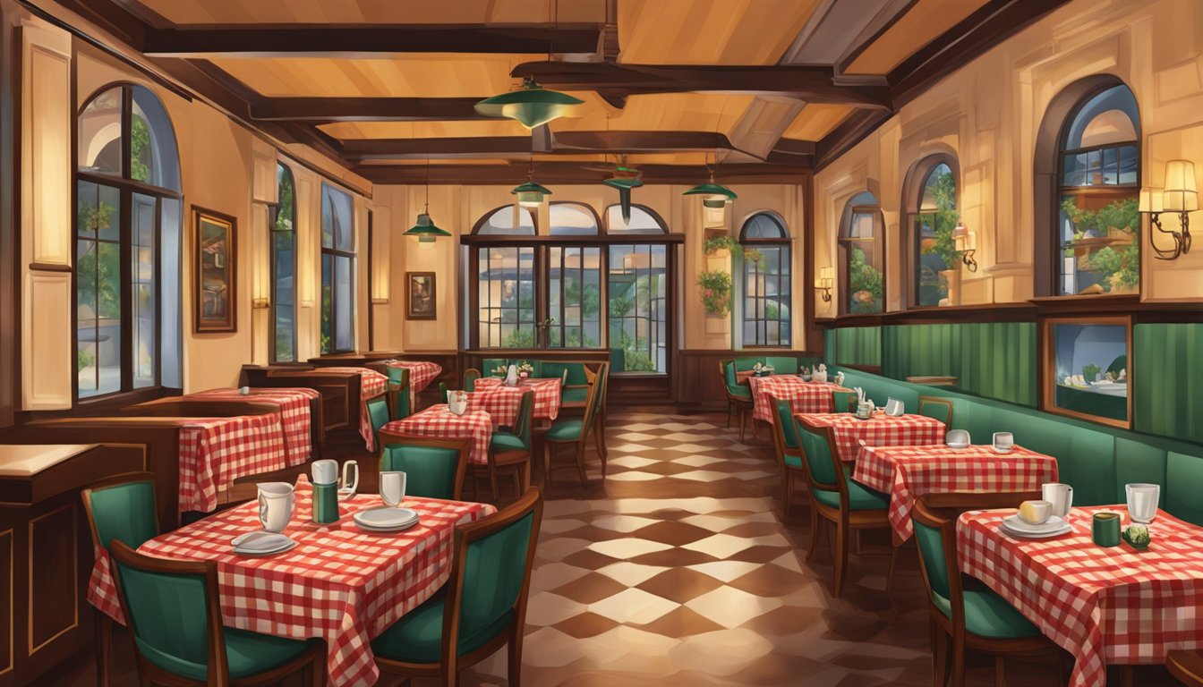 The cozy Vespetta Italian restaurant, with dim lighting and tables adorned with checkered tablecloths, exudes a warm and inviting atmosphere