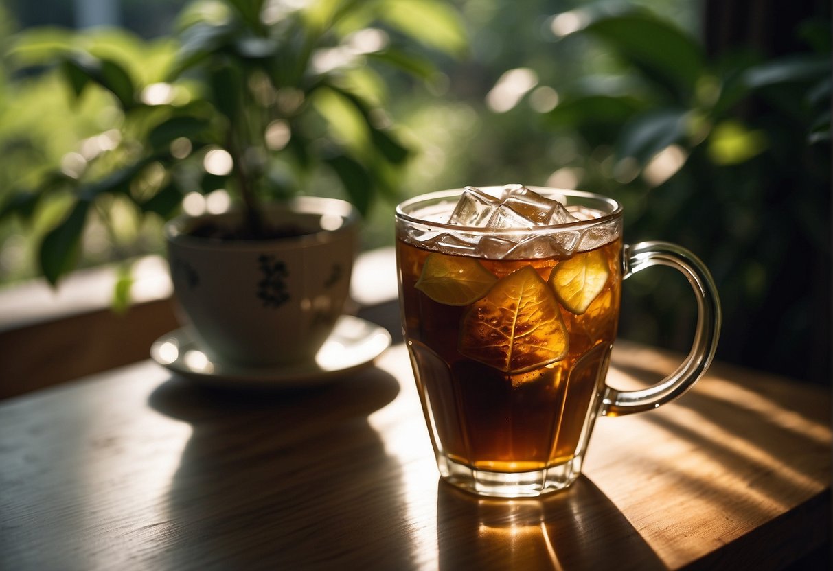 A glass of Kyoto cold brew sits on a wooden table, surrounded by a lush green plant and a vintage ceramic mug. Sunlight filters through the window, casting a soft glow on the scene