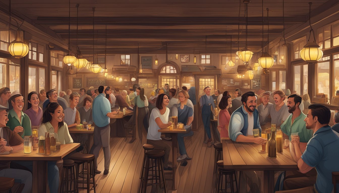 The bustling tavern restaurant features a long bar, wooden tables, and hanging lanterns. Patrons chat and laugh while servers weave through the crowd