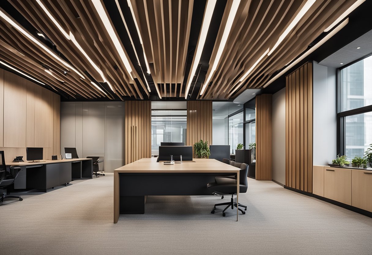 An office with modern paneling, clean lines, and neutral colors. The panels are arranged in a geometric pattern, creating a sleek and professional atmosphere