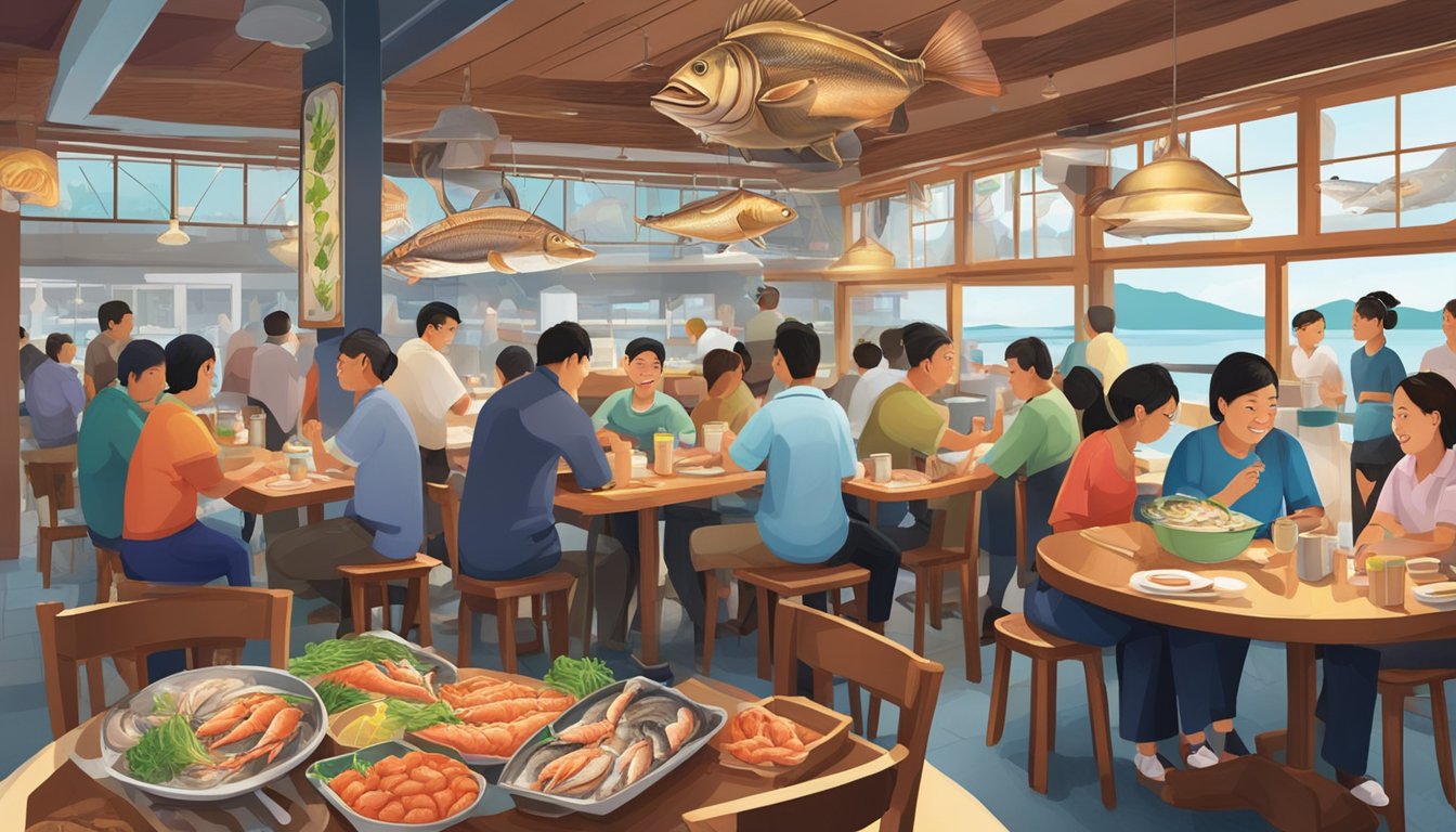 A bustling seafood restaurant with a large steaming fish head steamboat at the center. Customers gather around tables, enjoying the lively atmosphere