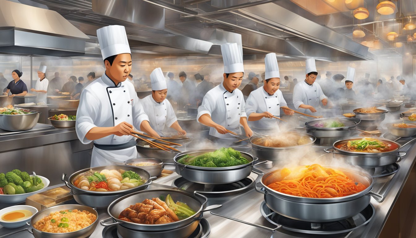 A bustling Chinese restaurant at Marina Bay Sands, with steaming woks, colorful ingredients, and chefs expertly preparing traditional culinary delights
