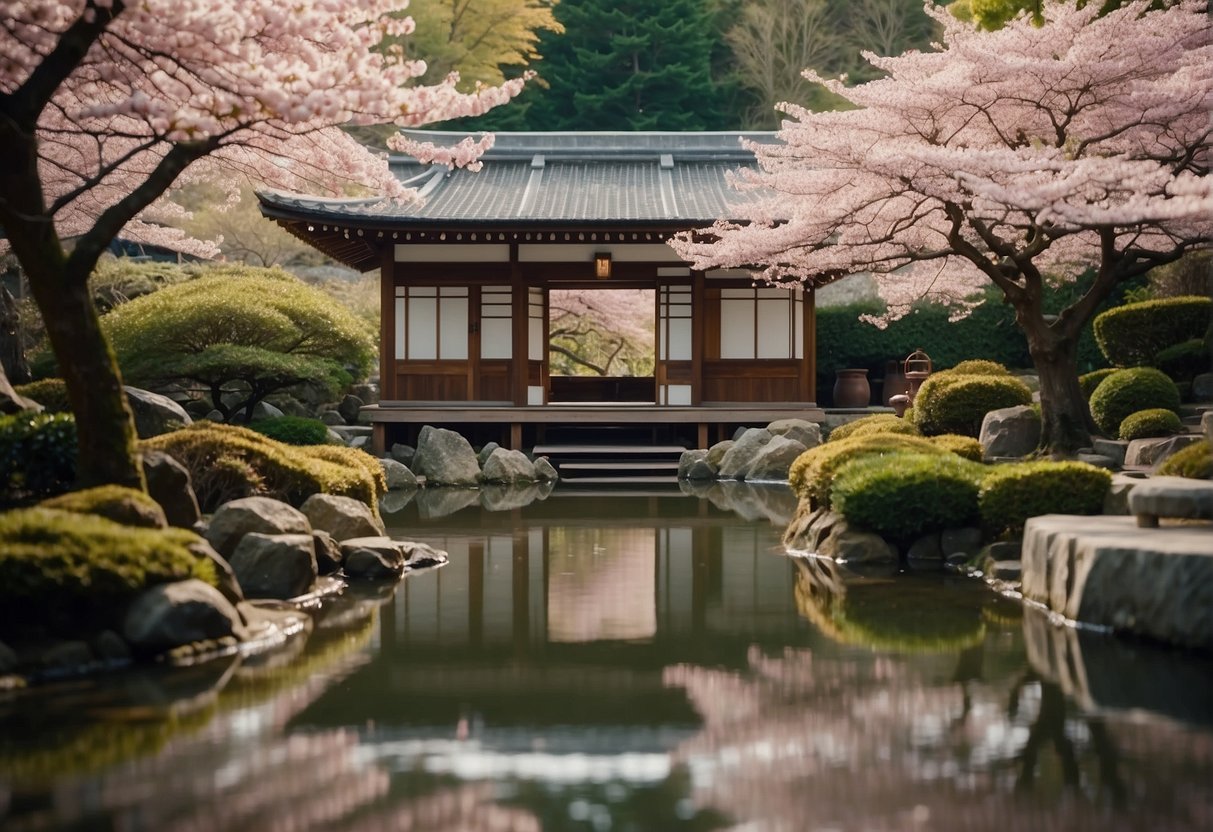 A tranquil garden with a traditional Japanese wooden spa building surrounded by cherry blossom trees and a peaceful koi pond